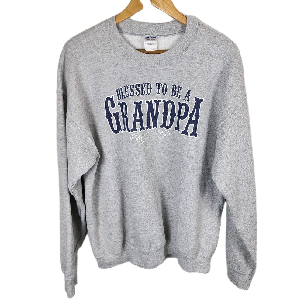 Gildan Blessed to be a Grandpa Sweatshirt Mens Large Gray Navy Casual Soft Warm